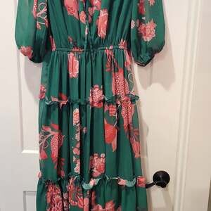 Masakoll Co. Green Floral Tiered V-Neck Maxi Dress with Ruffle Trim